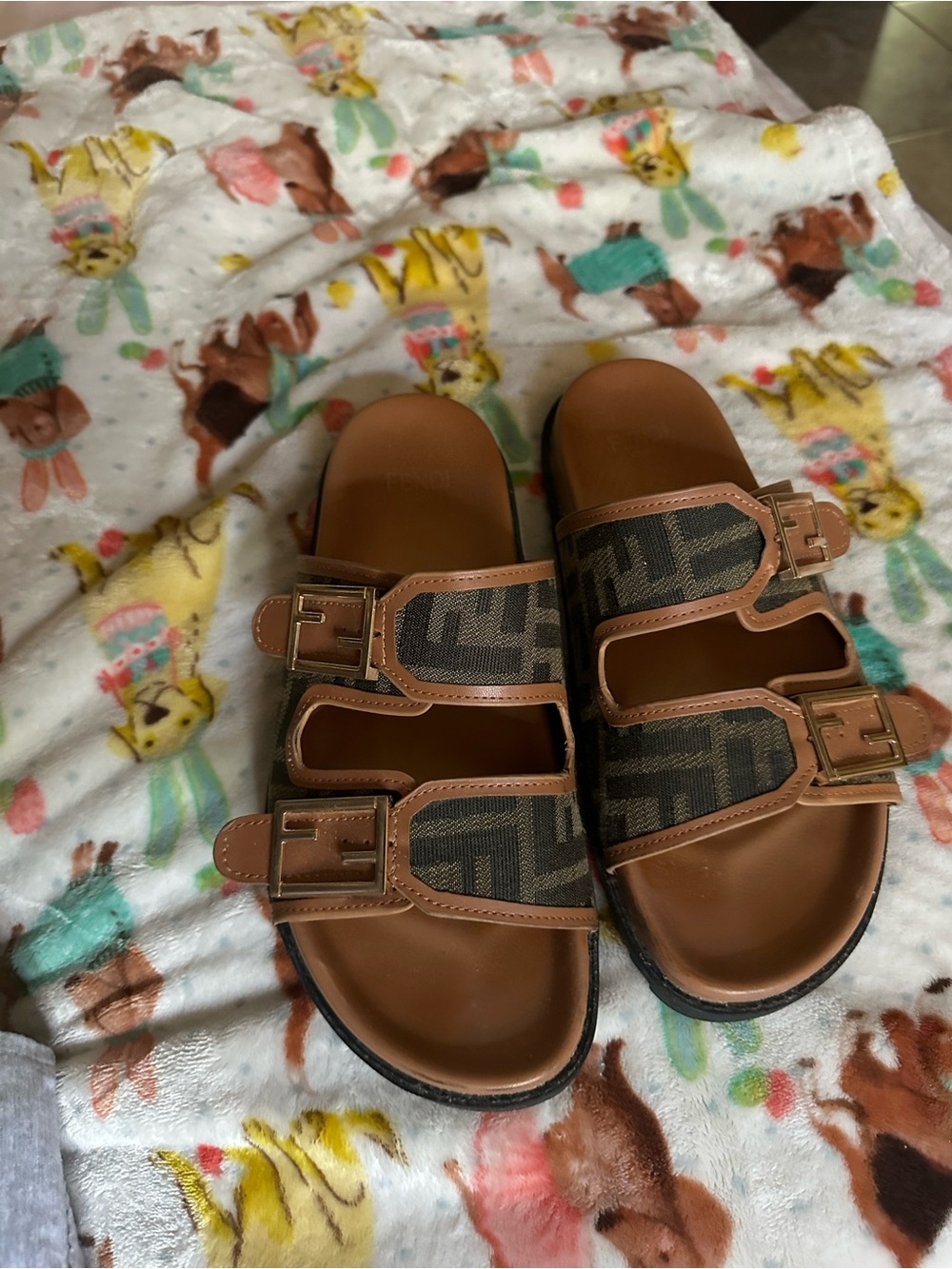 Fendi FF Jacquard Dual Buckle Slide Sandals